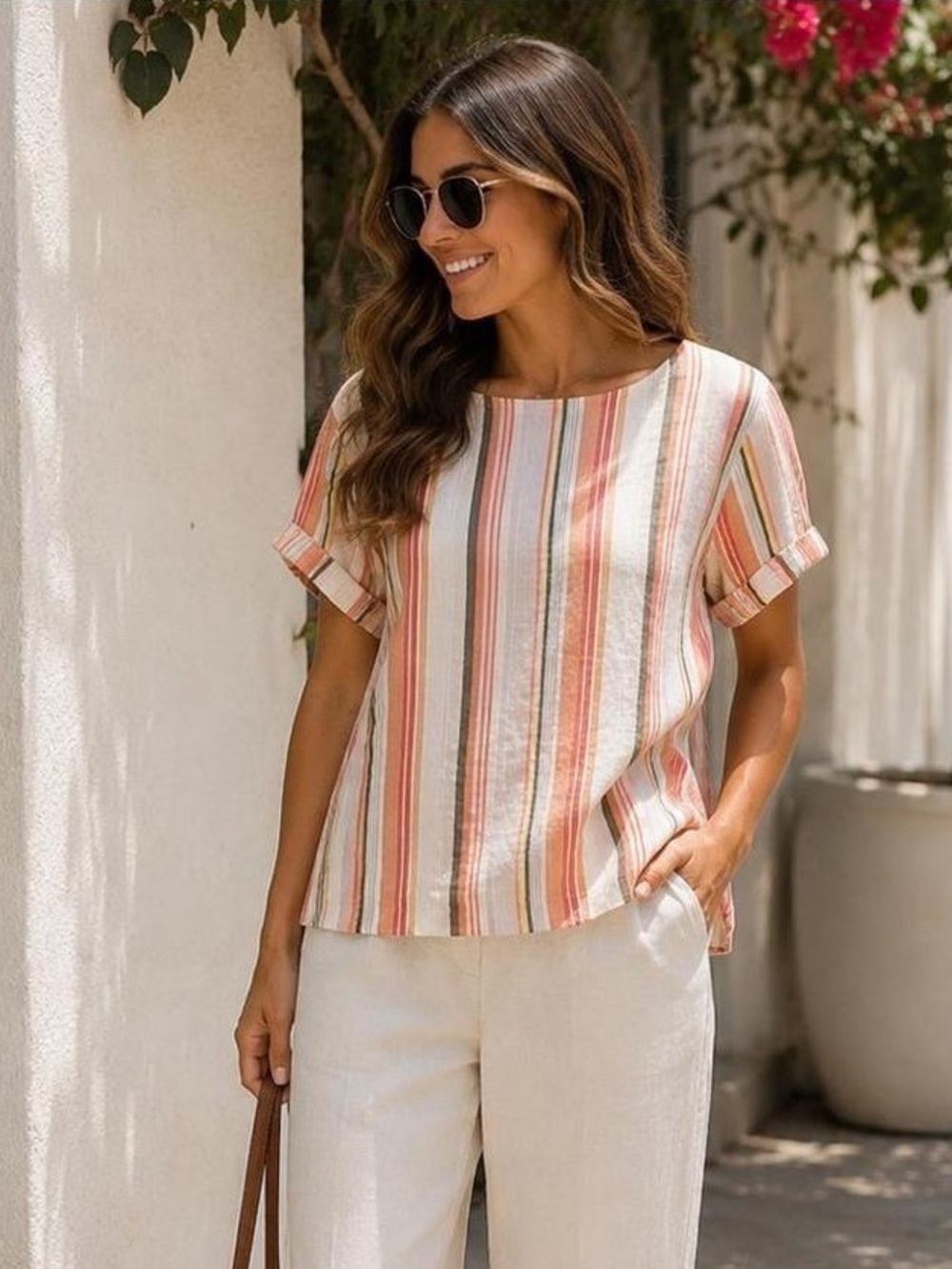 A New Day Women's Striped Short-Sleeve Linen Blend Top - Coral Multi XL